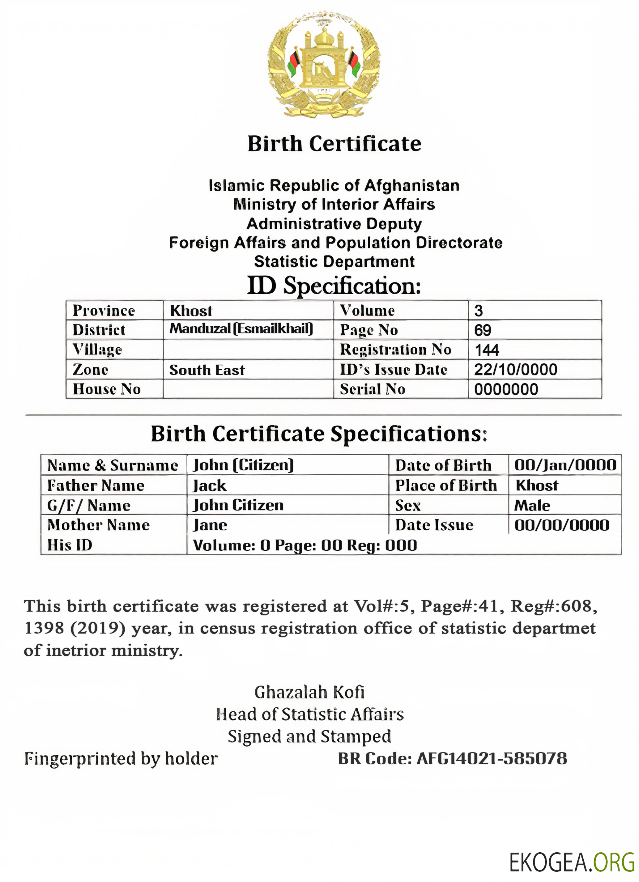 Modèle PSD modifiable de certificat de naissance d'acte d'état civil en Afghanistan, version 2